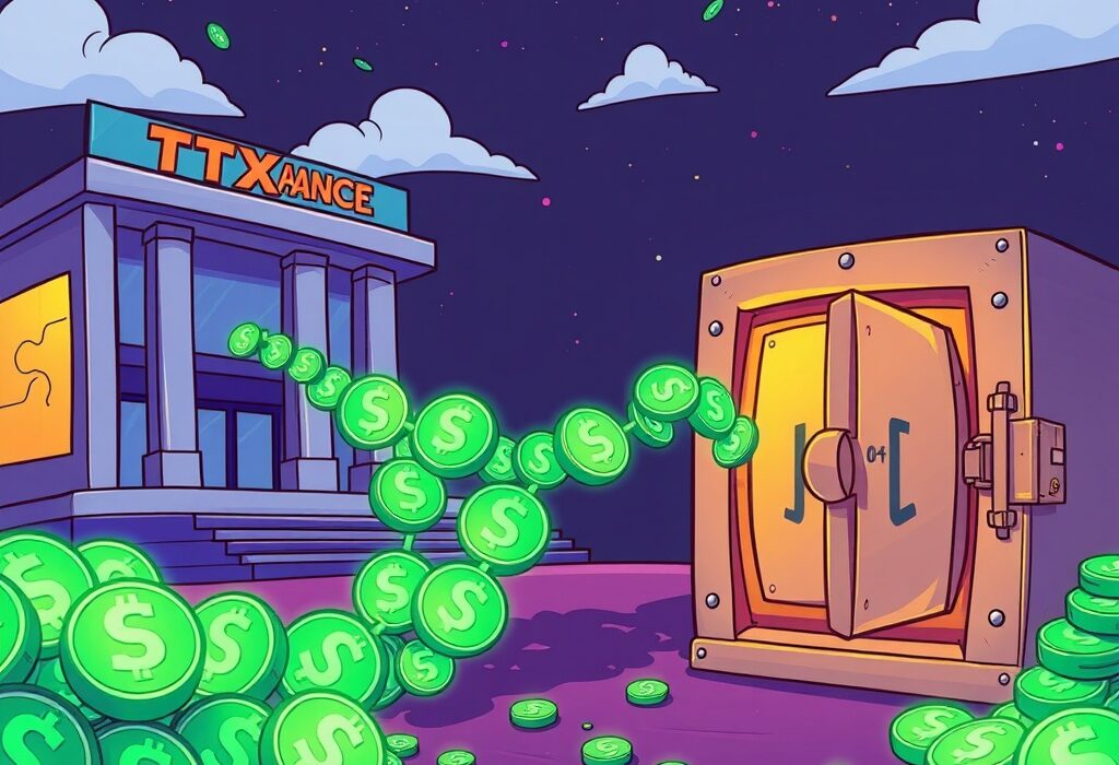 Cartoon illustrating a significant USDT transfer of $300 million from HTX to Aave, impacting the DeFi ecosystem.