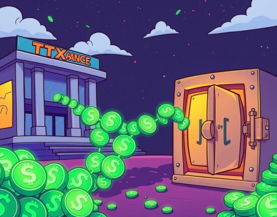 Cartoon illustrating a significant USDT transfer of $300 million from HTX to Aave, impacting the DeFi ecosystem.