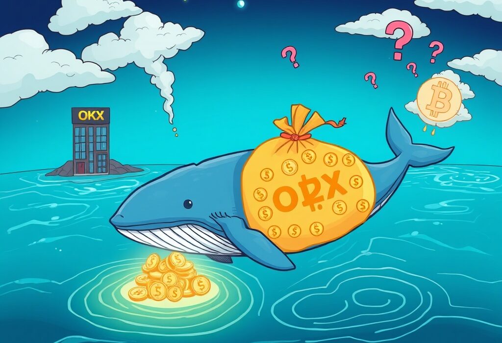 A cartoon crypto whale making a massive USDT transfer from an exchange to an unknown destination.