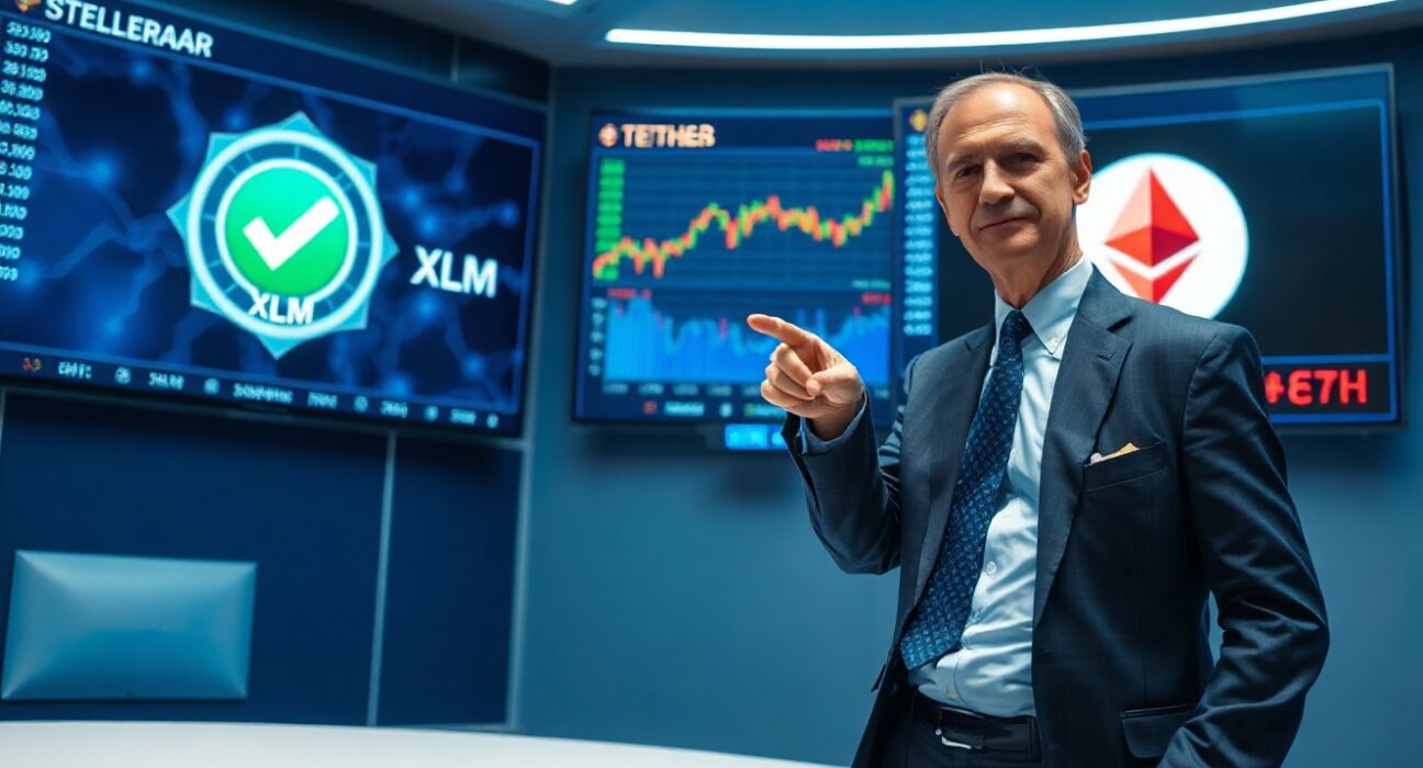 Professor pointing at screens showing Stellar and Ethereum logos in a financial control room
