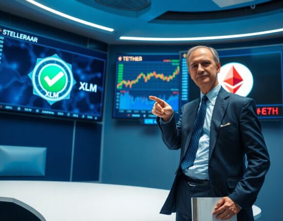 Professor pointing at screens showing Stellar and Ethereum logos in a financial control room