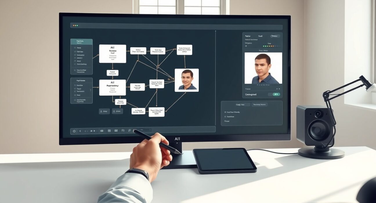 ComfyUI node-based workflow interface on a monitor, showing AI media generation controls for creators