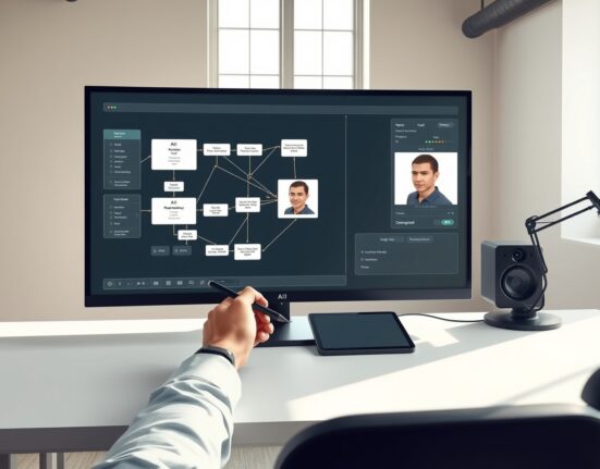 ComfyUI node-based workflow interface on a monitor, showing AI media generation controls for creators