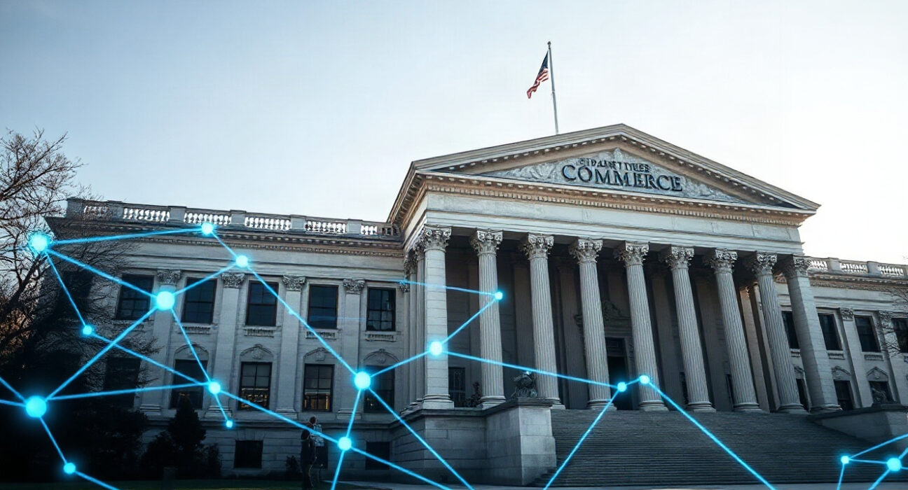 U.S. Department of Commerce building with blockchain data overlay symbolizing onchain economic data