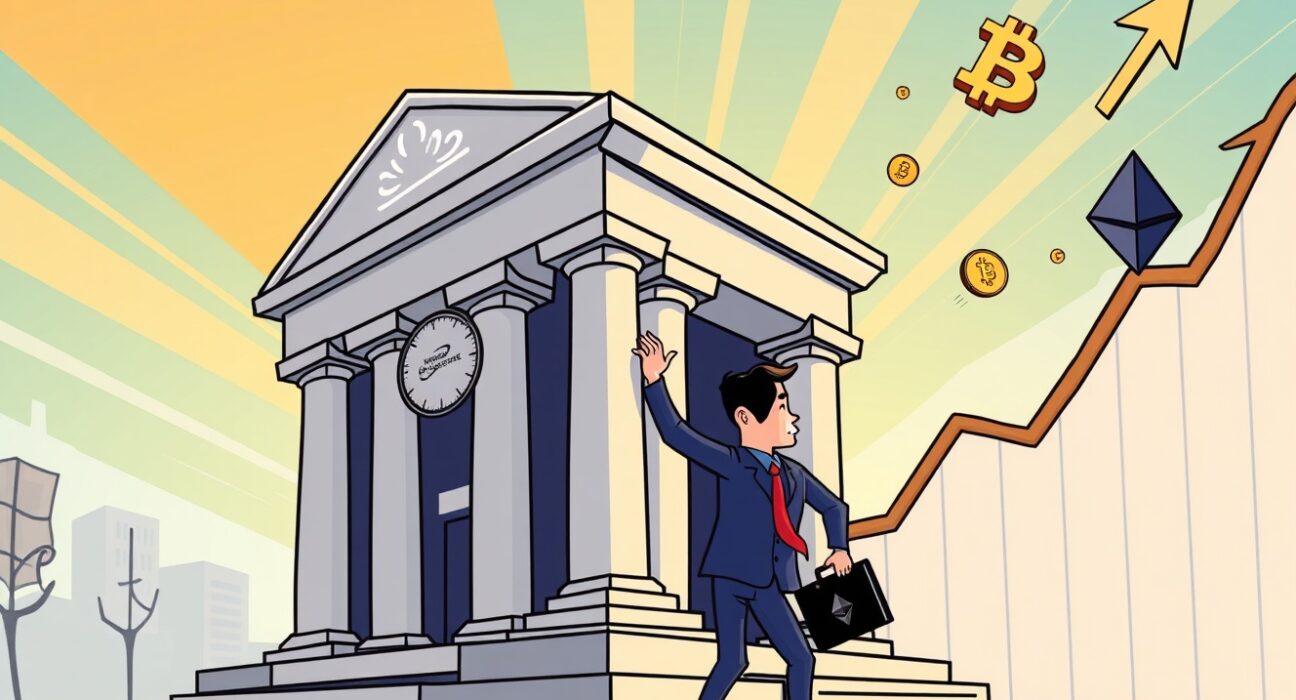Cartoon of the Federal Reserve making a crucial interest rate cut decision affecting markets.