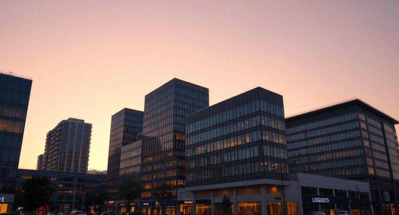 Modern commercial real estate buildings at dusk, representing the mid-year market outlook.
