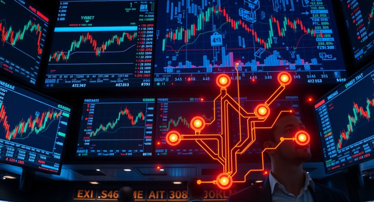 Stock exchange trading floor with digital screens showing AI and stock market charts