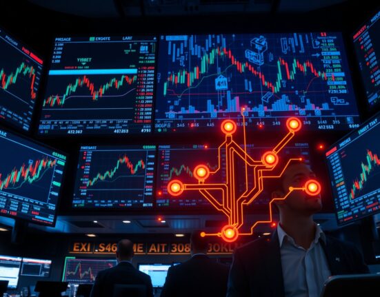 Stock exchange trading floor with digital screens showing AI and stock market charts