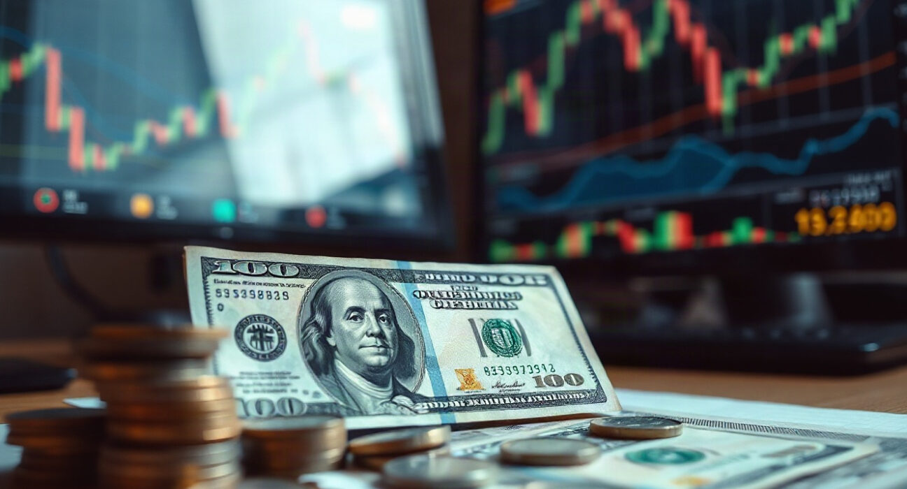 US dollar bills and coins with financial charts in background, representing inflation and Fed policy analysis.