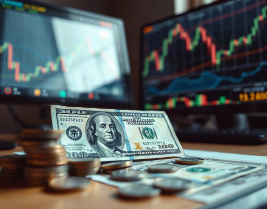 US dollar bills and coins with financial charts in background, representing inflation and Fed policy analysis.