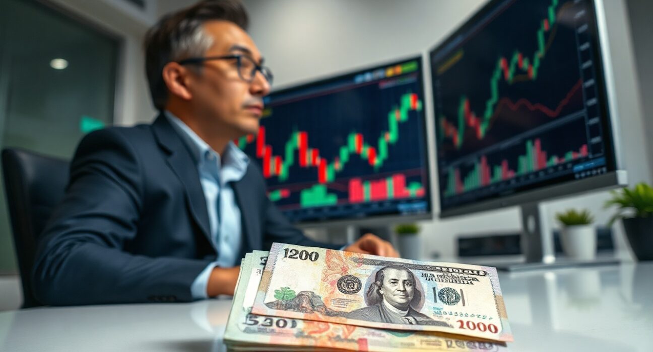 Financial analyst reviewing charts with Chinese yuan and US dollar notes on desk