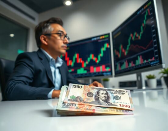 Financial analyst reviewing charts with Chinese yuan and US dollar notes on desk