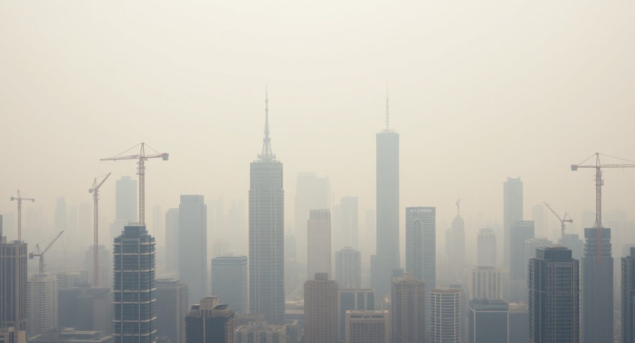 Hazy view of a Chinese city skyline under overcast skies, representing economic stagnation.