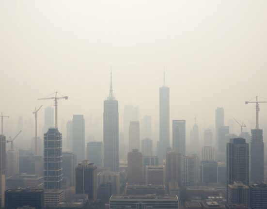 Hazy view of a Chinese city skyline under overcast skies, representing economic stagnation.