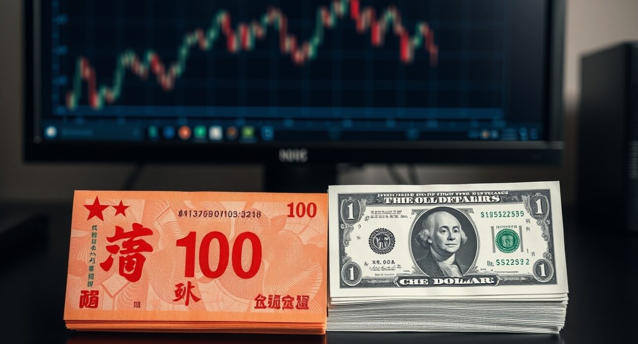 Chinese Yuan and US Dollar banknotes side by side on a desk, symbolizing the USD/CNY exchange rate analysis.