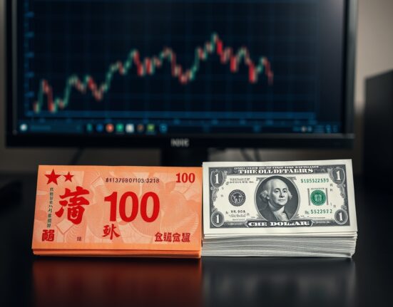 Chinese Yuan and US Dollar banknotes side by side on a desk, symbolizing the USD/CNY exchange rate analysis.