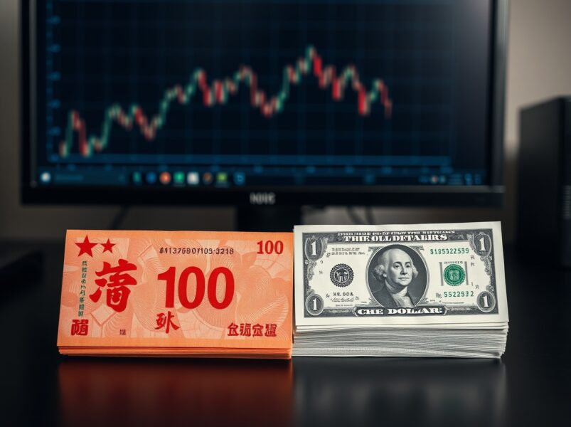 Chinese Yuan and US Dollar banknotes side by side on a desk, symbolizing the USD/CNY exchange rate analysis.