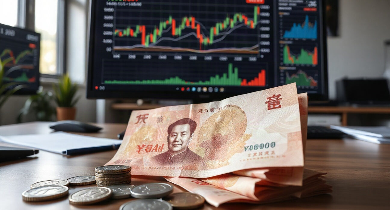 Chinese yuan banknotes and coins with financial charts on a desk, symbolizing currency valuation analysis.
