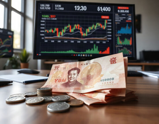 Chinese yuan banknotes and coins with financial charts on a desk, symbolizing currency valuation analysis.