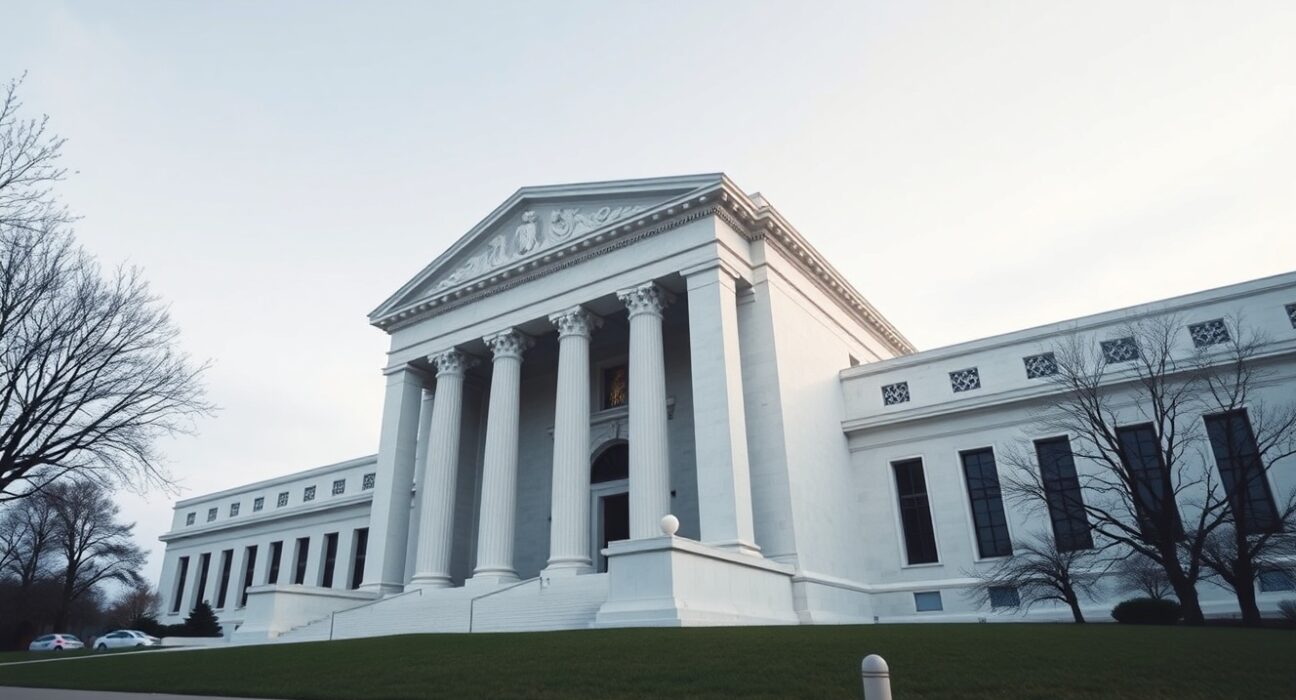 Exterior view of the Federal Reserve building on a cloudy day.