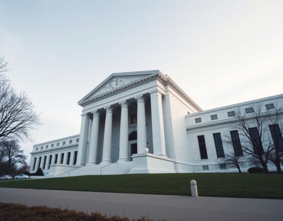 Exterior view of the Federal Reserve building on a cloudy day.