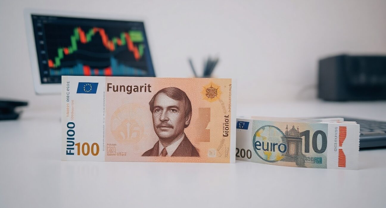 Hungarian forint banknotes with euro notes in background, symbolizing currency exchange and forex market analysis.