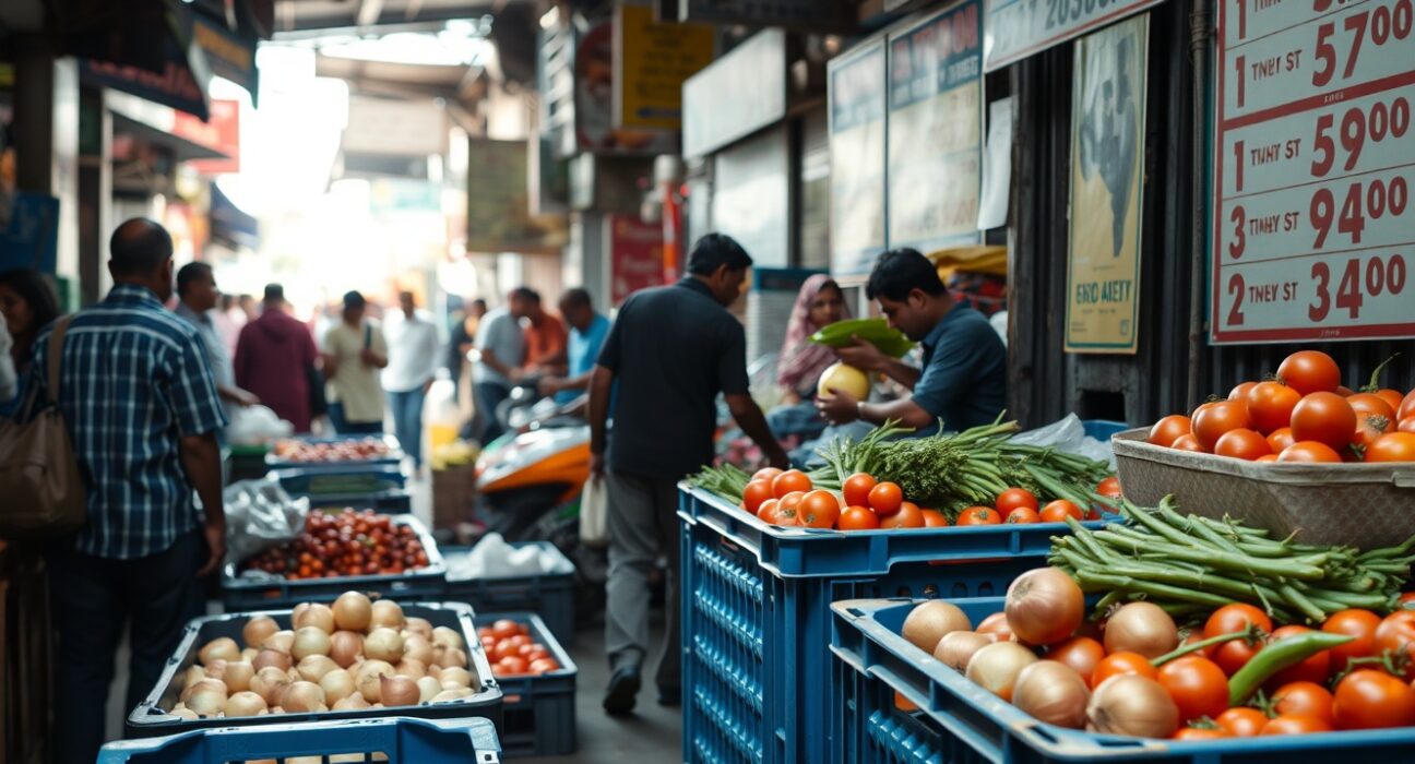 Busy vegetable market in Mumbai with price boards, representing India's consumer inflation