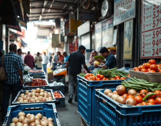 Busy vegetable market in Mumbai with price boards, representing India's consumer inflation