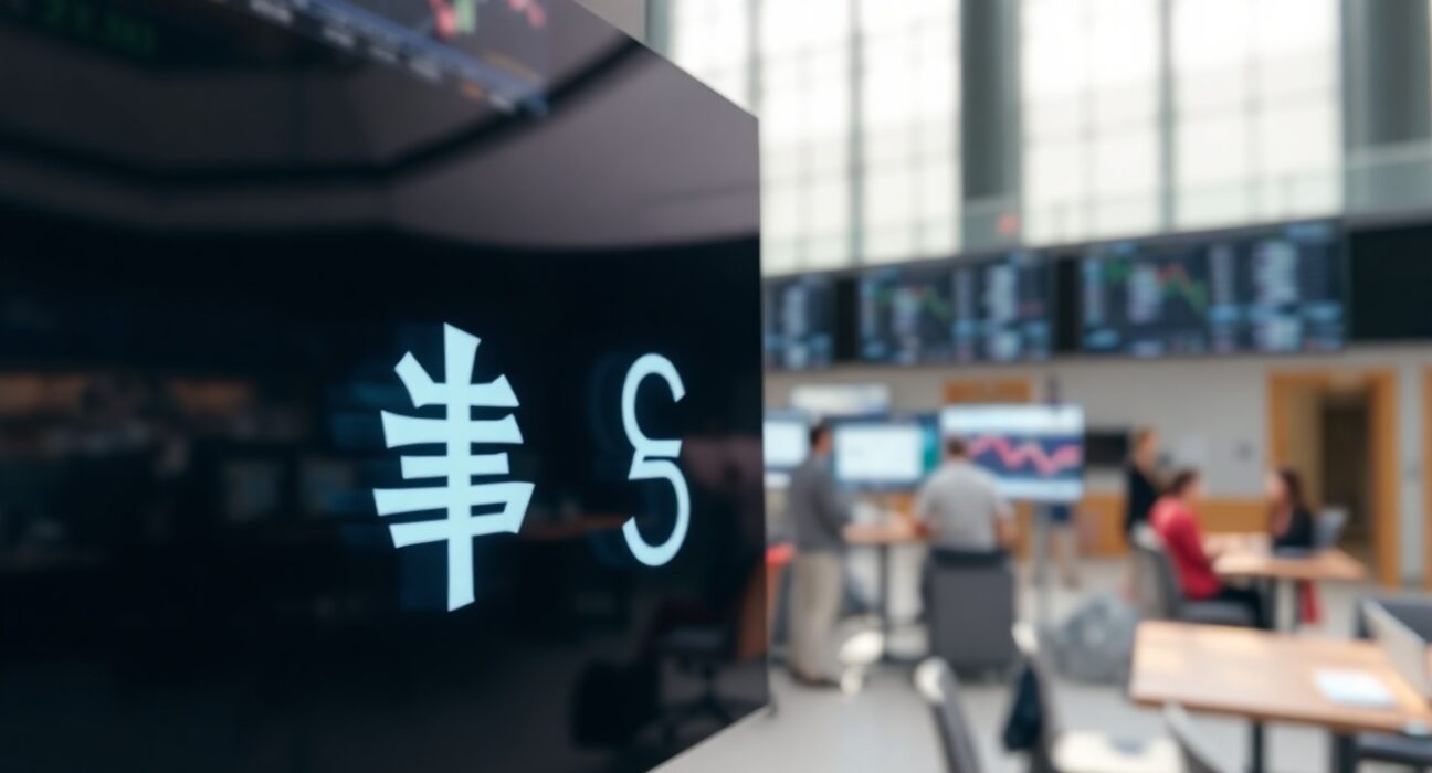 Digital currency exchange board showing yen and dollar symbols in a financial district