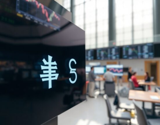 Digital currency exchange board showing yen and dollar symbols in a financial district