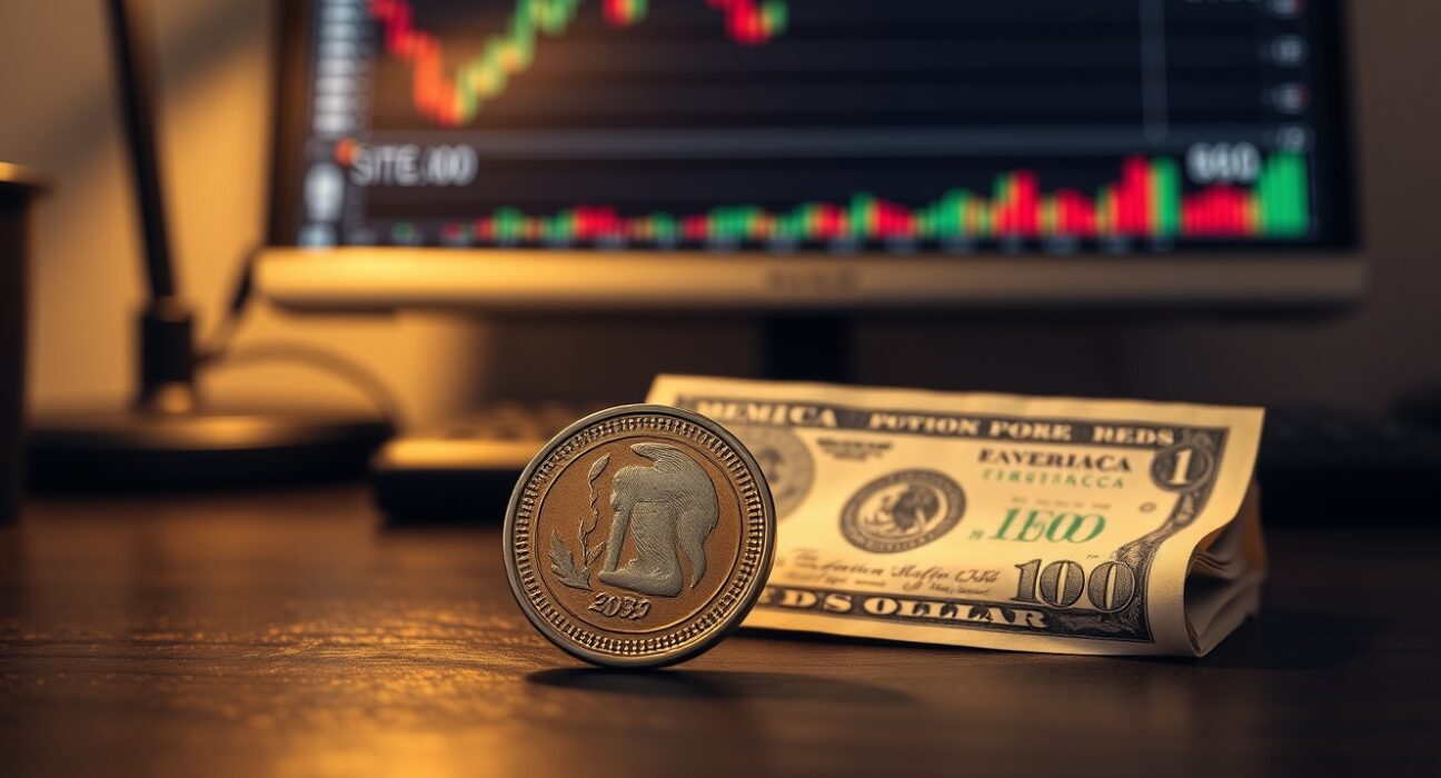 Mexican Peso coin and US Dollar bill on desk with financial charts in background