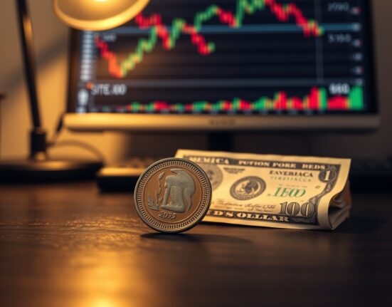 Mexican Peso coin and US Dollar bill on desk with financial charts in background