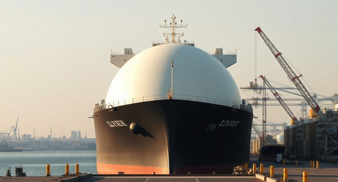 LNG carrier ship at a terminal, representing the supply constraints driving higher natural gas price forecasts.