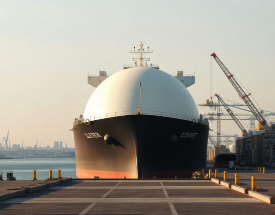 LNG carrier ship at a terminal, representing the supply constraints driving higher natural gas price forecasts.