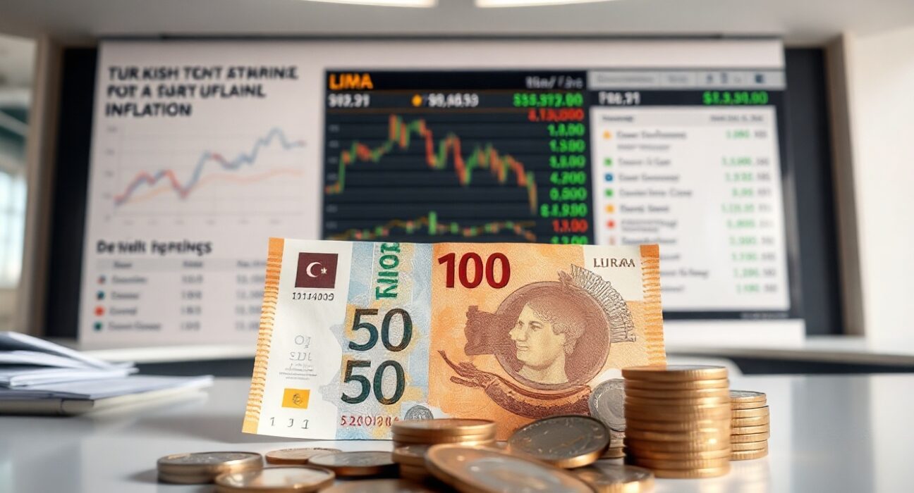 Turkish lira banknotes and coins with a financial chart on a monitor in the background