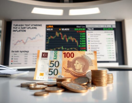Turkish lira banknotes and coins with a financial chart on a monitor in the background