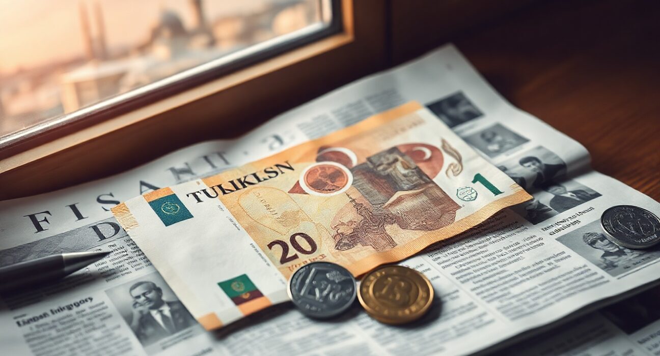 Turkish lira banknotes and coins on a financial newspaper with Istanbul skyline background