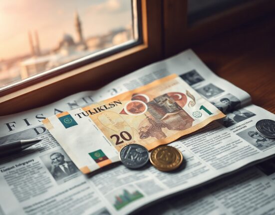 Turkish lira banknotes and coins on a financial newspaper with Istanbul skyline background