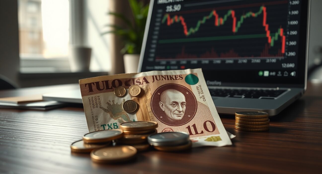 Turkish Lira banknotes and coins on a desk with a financial chart on a laptop in the background.