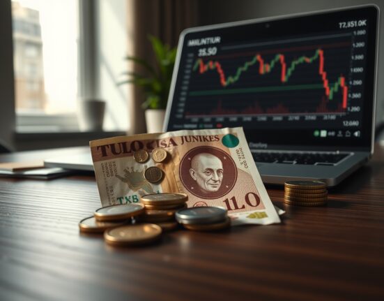 Turkish Lira banknotes and coins on a desk with a financial chart on a laptop in the background.
