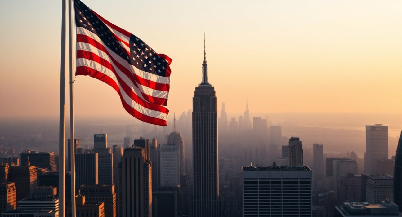 US flag in foreground with New York skyline at dawn and Shanghai skyline in distance symbolizing economic competition.