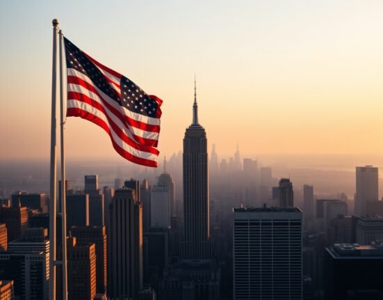 US flag in foreground with New York skyline at dawn and Shanghai skyline in distance symbolizing economic competition.