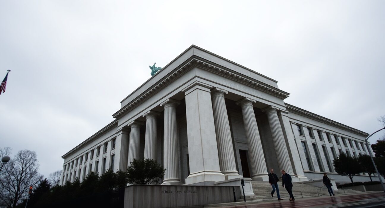 Federal Reserve building in Washington D.C. on a cloudy day, representing monetary policy analysis.