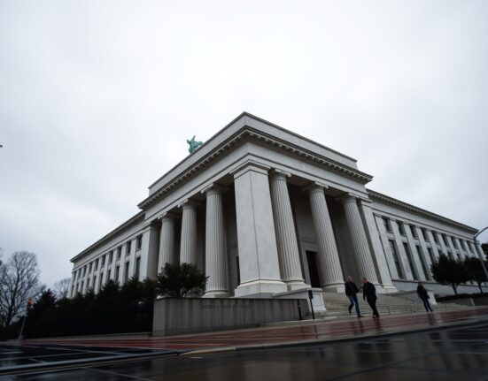 Federal Reserve building in Washington D.C. on a cloudy day, representing monetary policy analysis.