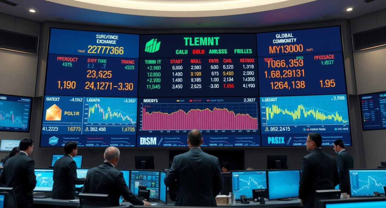 Traders monitoring commodity and currency prices on digital screens in a modern trading floor.
