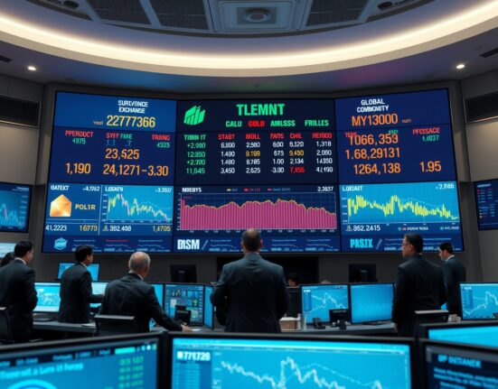 Traders monitoring commodity and currency prices on digital screens in a modern trading floor.