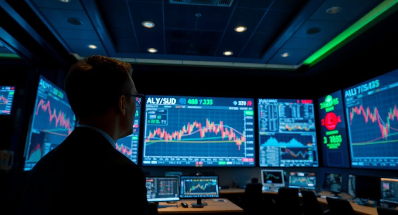 Trading floor with screens showing commodity currency exchange rate charts and data