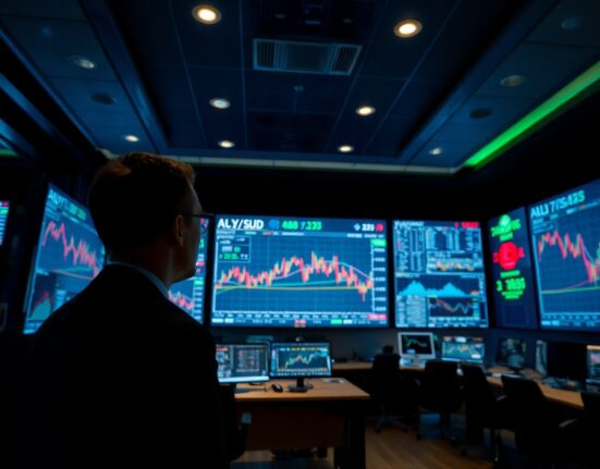 Trading floor with screens showing commodity currency exchange rate charts and data