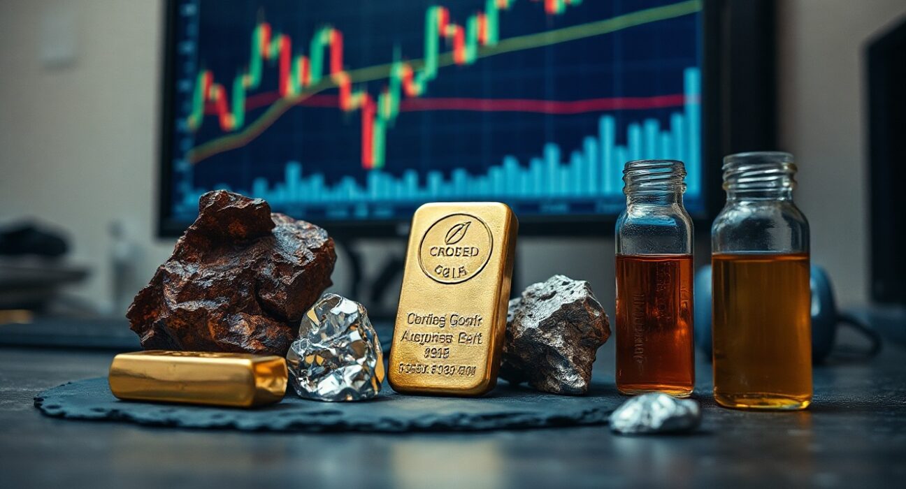 Copper ore, gold bar, platinum nugget, and crude oil sample on a dark surface