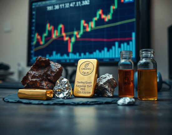Copper ore, gold bar, platinum nugget, and crude oil sample on a dark surface